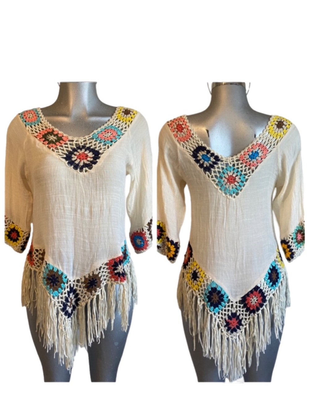 Gauzy Beach Coverup Top Blouse Granny Square Crochet Embroidery Fringe Bohemian
